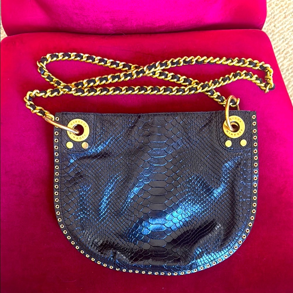 Rebecca Minkoff Moto Chain Crossbody Black Snakeskin Leather Studded Bag